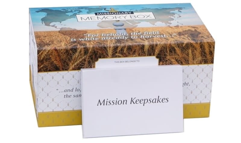 Missionary Memory Box interior with journals, letters, and keepsakes
